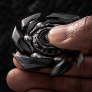 Op de afbeelding: Een zwarte metalen fidget spinner met een meerpuntig, hoekig ontwerp met zilverkleurige kogellagers geïntegreerd in het frame. De centrale ronde dop is glad en donker, omringd door een tandwielachtige ringstructuur.
