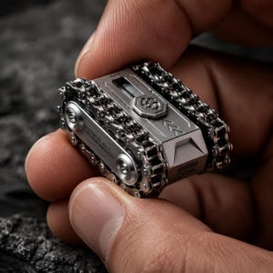 Könnte beinhalten: Ein kleines Fidget-Spielzeug aus silberfarbenem Metall, das einem Panzerkettenmechanismus nachempfunden ist. Es verfügt über zwei parallele fahrradähnliche Ketten auf beiden Seiten eines zentralen Metallkörpers mit eingravierten Details.