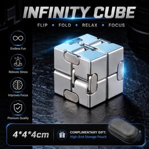 Infinity Cube Fidget Toy, Portable Metal or Matte Plastic Stress Relief