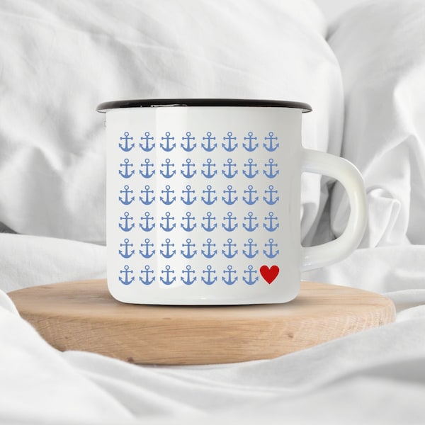 Anker Liebe Emaille Tasse beidseitig bedruckt schwarz-Herz-Tasse-Enamel-Punkte-Becher-Nachhaltig- Maritime-Frühstück Guten Morgen-Meer