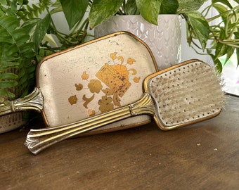 Vintage Gold Hand Mirror and Brush
