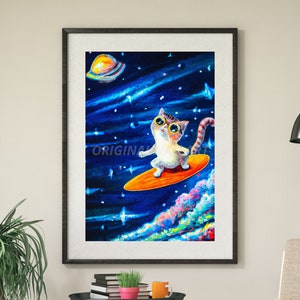 Arte de pared imprimible de gato, arte de gato imprimible, gato surfista, pintura, con fondo cósmico