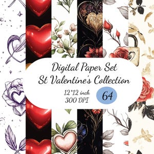 May include: Digital paper set featuring a Valentine's Day collection. The design includes red hearts, floral patterns, and the text "Digital Paper Set St Valentine's Collection". The paper measures 12x12 inches and has a resolution of 300 DPI. The set includes 64 sheets.