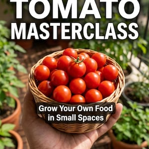 May include: A hand holding a woven basket filled with ripe, red cherry tomatoes. The image has text that reads "TOMATO MASTERCLASS" and "Grow Your Own Food in Small Spaces". The background shows potted plants.
