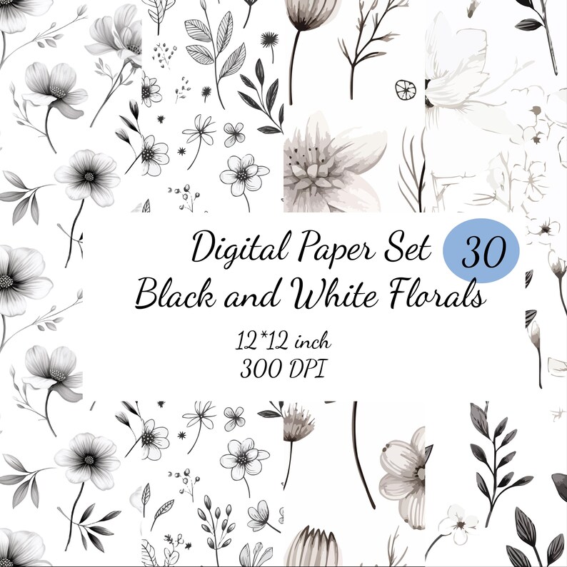 30 Black and White Floral Printable Paper Seamless JPG Digital Download ...