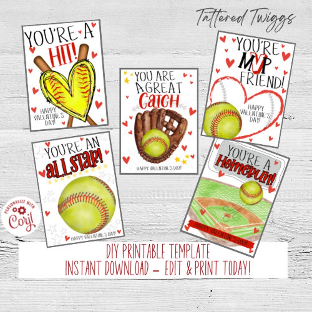 Custom Printable Softball Valentine s Day Cards Etsy