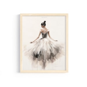 May include: A watercolor painting of a ballerina wearing a white and gray tutu, standing with her back to the viewer. The ballerina has dark hair pulled back in a bun.