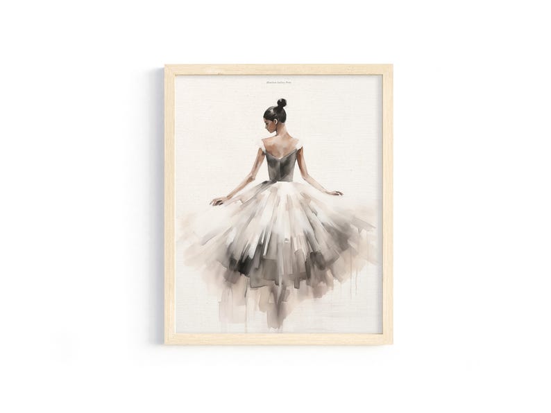 May include: A watercolor painting of a ballerina wearing a white and gray tutu, standing with her back to the viewer. The ballerina has dark hair pulled back in a bun.