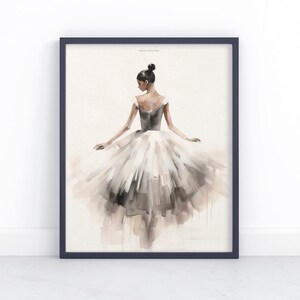 May include: A watercolor painting of a ballerina wearing a white tutu with a brown and gray color scheme. The ballerina is facing away from the viewer and her hair is pulled back in a bun.