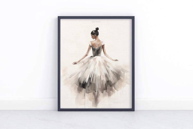 May include: A watercolor painting of a ballerina wearing a white tutu with a brown and gray color scheme. The ballerina is facing away from the viewer and her hair is pulled back in a bun.