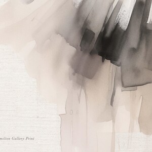 May include: Abstract watercolor painting with shades of gray and beige. The painting has a textured look and a soft, flowing feel. The text "Hamilton Gallery Print" is at the bottom of the image.
