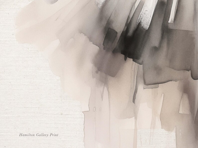 May include: Abstract watercolor painting with shades of gray and beige. The painting has a textured look and a soft, flowing feel. The text "Hamilton Gallery Print" is at the bottom of the image.