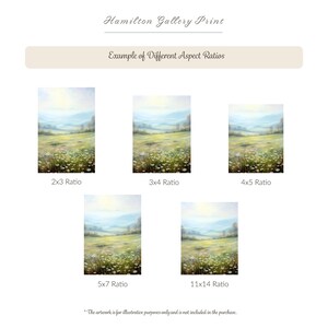 May include: Five examples of different aspect ratios for a landscape painting. The painting depicts a field of white flowers with a blue sky and distant hills in the background. The aspect ratios are 2x3, 3x4, 4x5, 5x7, and 11x14.