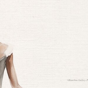 May include: A watercolor painting of a woman's shoulder and arm, wearing a gray dress with a white ruffle. The background is a white canvas with a subtle texture.