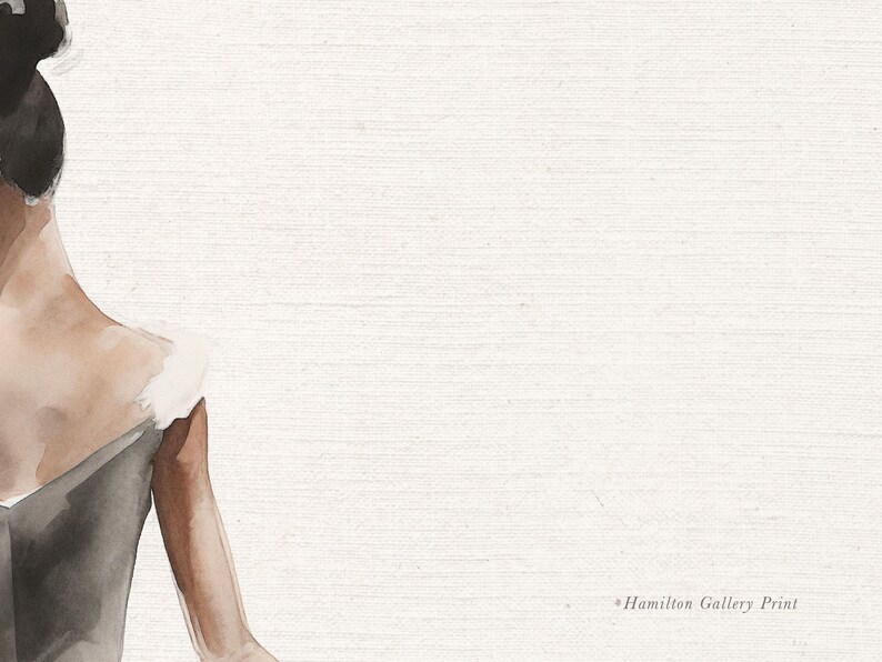 May include: A watercolor painting of a woman's shoulder and arm, wearing a gray dress with a white ruffle. The background is a white canvas with a subtle texture.