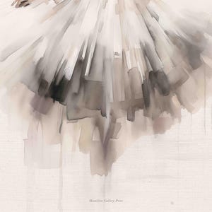 May include: A watercolor painting of a ballerina's tutu. The tutu is white with shades of gray and brown, and the fabric is painted in a loose, flowing style. The background is a light beige.