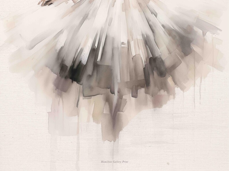 May include: A watercolor painting of a ballerina's tutu. The tutu is white with shades of gray and brown, and the fabric is painted in a loose, flowing style. The background is a light beige.