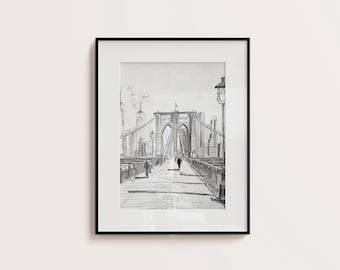 Brooklyn Bridge Sketch Art Print: Vintage NYC Cityscape (Digital Download)