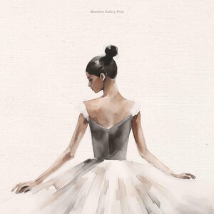 May include: A watercolor painting of a ballerina wearing a white tutu and a gray bodice. The ballerina is facing away from the viewer and has her arms outstretched.