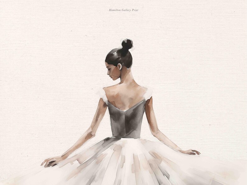 May include: A watercolor painting of a ballerina wearing a white tutu and a gray bodice. The ballerina is facing away from the viewer and has her arms outstretched.