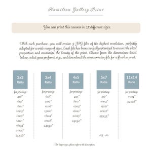 May include: A chart showing 25 different sizes for printing a canvas. The chart is divided into five columns, each with a different aspect ratio: 2x3, 3x4, 4x5, 5x7, and 11x14. Each column lists the corresponding print sizes in inches, ranging from 4x6 inches to 25x35 inches. The chart also includes the text "Hamilton Gallery Print" and "You can print this canvas in 25 different sizes."