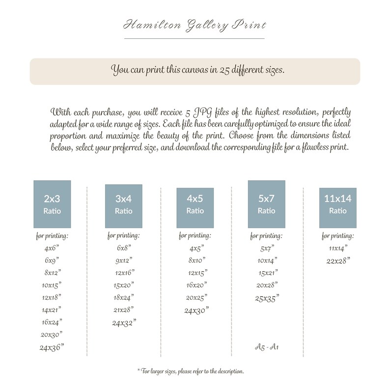 May include: A chart showing 25 different sizes for printing a canvas. The chart is divided into five columns, each with a different aspect ratio: 2x3, 3x4, 4x5, 5x7, and 11x14. Each column lists the corresponding print sizes in inches, ranging from 4x6 inches to 25x35 inches. The chart also includes the text "Hamilton Gallery Print" and "You can print this canvas in 25 different sizes."