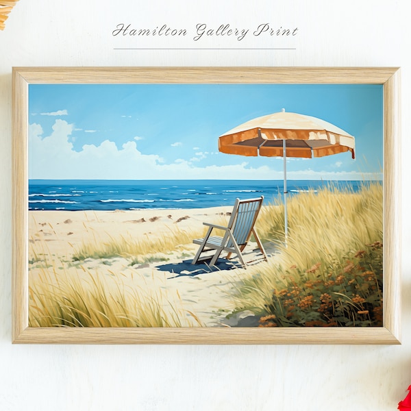 Printable Ocean View Wall Art: Summer Beach Scene with Umbrella, Vintage Coastal and Boho Home Decor, Digital Landscape Painting