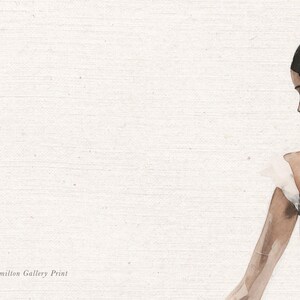 May include: A watercolor painting of a woman with dark hair, wearing a white and gray dress. The background is a light gray canvas.