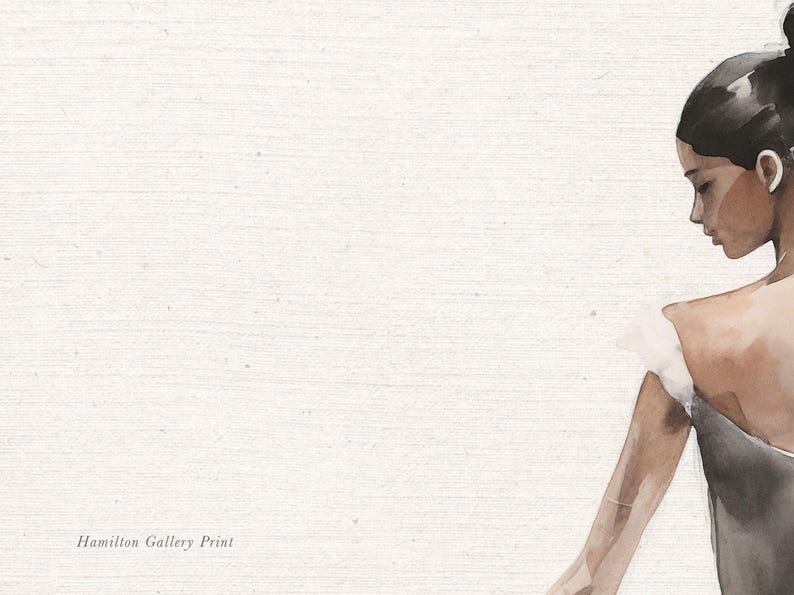 May include: A watercolor painting of a woman with dark hair, wearing a white and gray dress. The background is a light gray canvas.