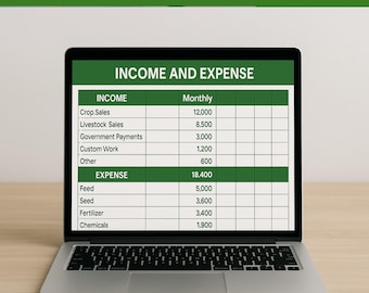 May include: A laptop screen displaying a spreadsheet with the title "Income and Expense". The spreadsheet lists income and expense categories for a farm, with corresponding monthly amounts in US dollars.