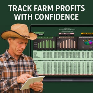May include: A man in a cowboy hat and checked shirt examines a tablet displaying financial data. The screen shows charts and graphs. The text at the top says "TRACK FARM PROFITS WITH CONFIDENCE."