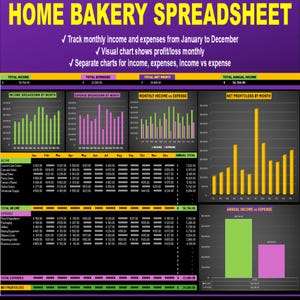 Home Bakery Spreadsheet – Excel sheet for home bakery finances. Track monthly profit, expenses & get business insights. Simple To Use.