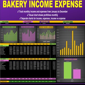 Bakery Expense Spreadsheet – track bakery expenses and income monthly with charts & dashboard totals for clarity. Simple To Use| Automated