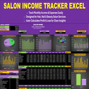 Salon Income Tracker Excel | Hair & Nail Salon Monthly Income Expense Sheet | Stylist Profit Loss Log | Beauty Salon Template