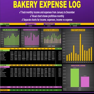 Bakery Expense Log – Monthly bakery expense income tracker with auto totals, bar charts, and Jan-Dec layout. Simple To Use Spreadsheet