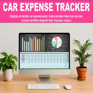 May include: A computer screen displaying a spreadsheet with a car expense tracker. The spreadsheet includes a bar chart, a pie chart, and a table with monthly expenses categorized by fuel, insurance, and repairs. The text on the screen reads "CAR EXPENSE TRACKER" and "Organize all monthly car expenses easily | Auto-calculates totals from Jan-Dec Includes pre-filled categories (fuel, insurance, repairs)".