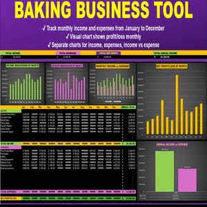 Baking Business Tool – Monthly Excel tracker for baking income , expense & profits. Auto-calculate with visuals. Simple To Use And Automated