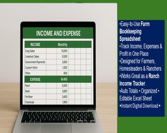 May include: A laptop computer displaying a green spreadsheet with the title "Farm Income & Expense Tracker". The spreadsheet is divided into two sections: "Income" and "Expense". Each section lists various categories with corresponding monthly amounts. The spreadsheet is designed for farmers and ranchers to track their income and expenses.