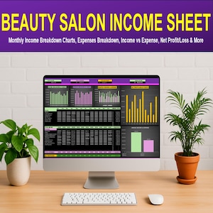 Beauty Salon Income Sheet – Service Income, Product Sales, Charts, and Yearly Totals
