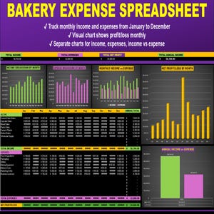 Bakery Expense Spreadsheet – track bakery expenses and income monthly with charts & dashboard totals for clarity. Simple To Use| Automated