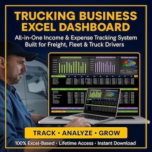 May include: A laptop displaying a trucking business Excel dashboard with charts and graphs. The text reads "Trucking Business Excel Dashboard" and "Track, Analyze, Grow." The image also states "All-in-One Income & Expense Tracking System Built for Freight, Fleet & Truck Drivers."