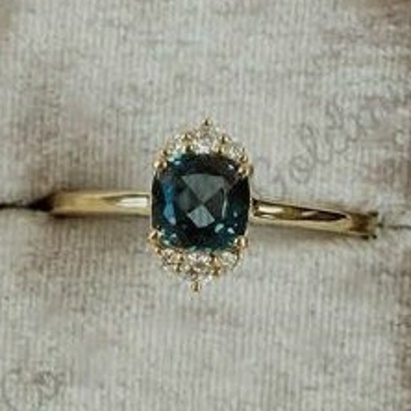 Cushion Cut London Blue Topaz Engagement Ring, 14K Yellow Gold Top & Bottom Half Halo Moissanite Wedding Band Ring, Bridal Promise Gift Ring