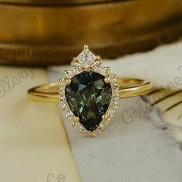 10K/14K/18K Solid Gold Greenish Blue Pear Cut Moissanite Engagement Ring, Vintage Promise Ring with Halo Anniversary Gift Birthday Gift Ring
