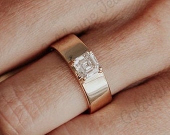 Asscher Cut Moissanite Diamond Bezel Cigar Ring 14K Rosr Gold Wide Band Wedding/Engagement Ring Stackable Gold Ring Everyday Diamond Ring