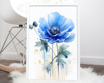 Blue Anemone Watercolour Illustration - Digital Download - Flower AI Art - Botanical Art - Watercolour Style - Home & Wall Decor - Printable
