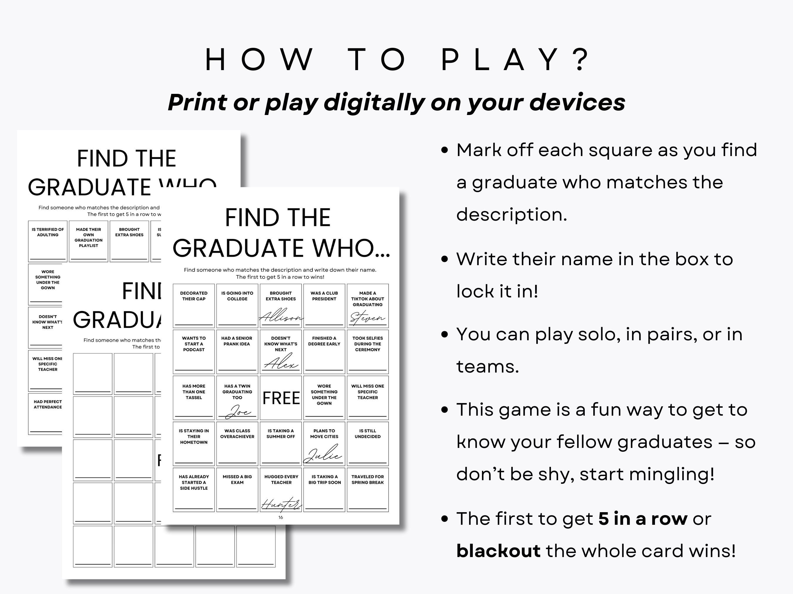 Find the Graduate Who Ice Breaker Bingo - 60 Unique Bingo Sheets - Find ...