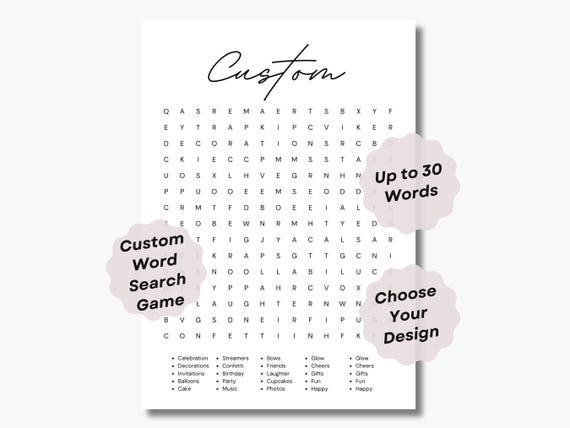 Custom Word Search Game - Custom Gift and Game - Birthday Party - Wedding Game - Office Party - Party Activity - Printable Word Search Game