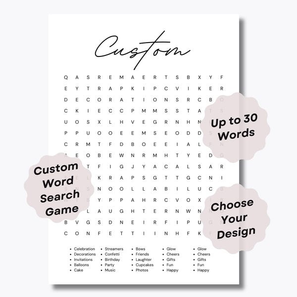 Custom Word Search Game - Custom Gift and Game - Birthday Party - Wedding Game - Office Party - Party Activity - Printable Word Search Game