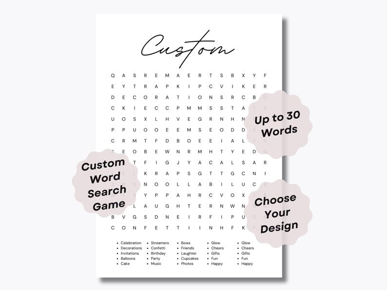 Może przedstawiać: Drukowany szablon gry w wyszukiwanie sł&oacute;w w kolorze r&oacute;żowym i białym. Szablon zawiera tekst "Custom Word Search Game" i "Up to 30 Words".