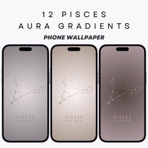 May include: Three phone screen mockups with a gradient background and a white outline of the Pisces constellation. The text "Pisces" and "Feb 19 - Mar 20" is at the bottom of each screen.